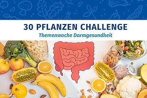Grafik mit Obst und Gemüse und der stilisierten Darstellung eines Darms - dazu der Text 30 Pflanzen Challenge, Themenwoche Darmgesundheit