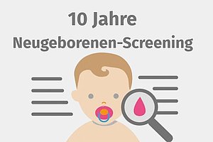 Stilisiertes Baby mit Blutstropfen, dazu der Text: 10 Jahre Neugeborenen-Screening