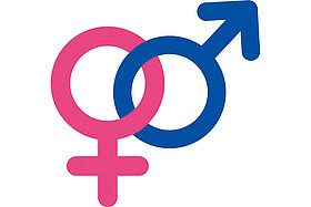 Die allgemeinen Icons für Frauen (Kreis mit Kreuz darunter) und Männer (Kreis mit Pfeil nach oben) ineinander verwoben