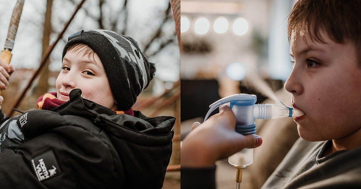 Collage eines Jungen, links auf dem Spielplatz, links am Inhalieren