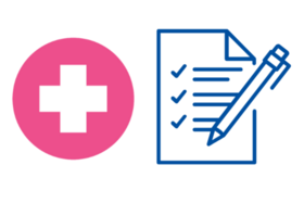 Das Bild enthält eine Medizinkreuz in Magenta und daneben einen Notizblock